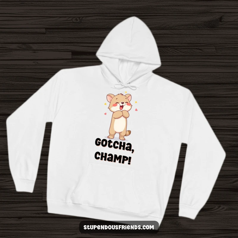 Funny hoodie depicting a delightful animal character enthusiastically lifting another in a celebratory hug, ideal for cozy fun.