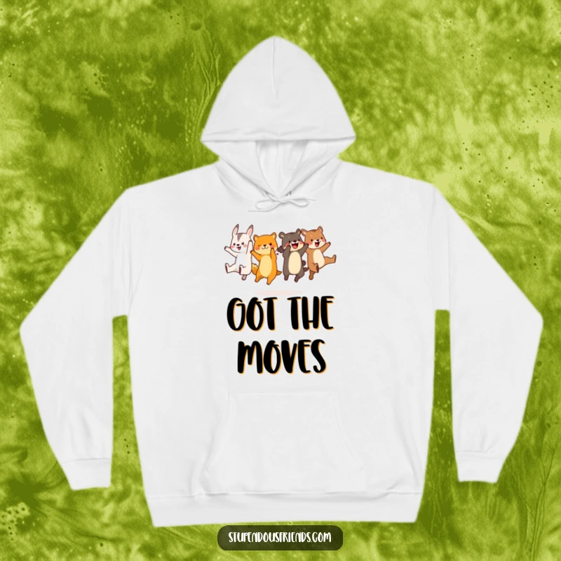 Funny animal characters leaping in unison, a hilarious synchronized jump captured on a cozy hoodie for ultimate comfort and laughs.