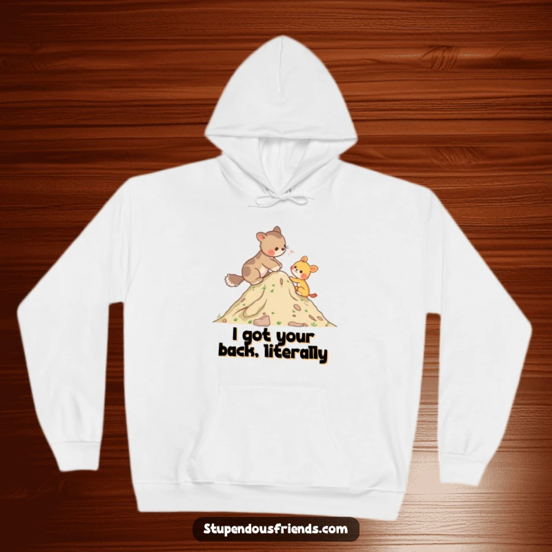 Funny Hoodie depicting an animal helping another up a small hill, designed for warmth and inspiring messages about support and camaraderie.
