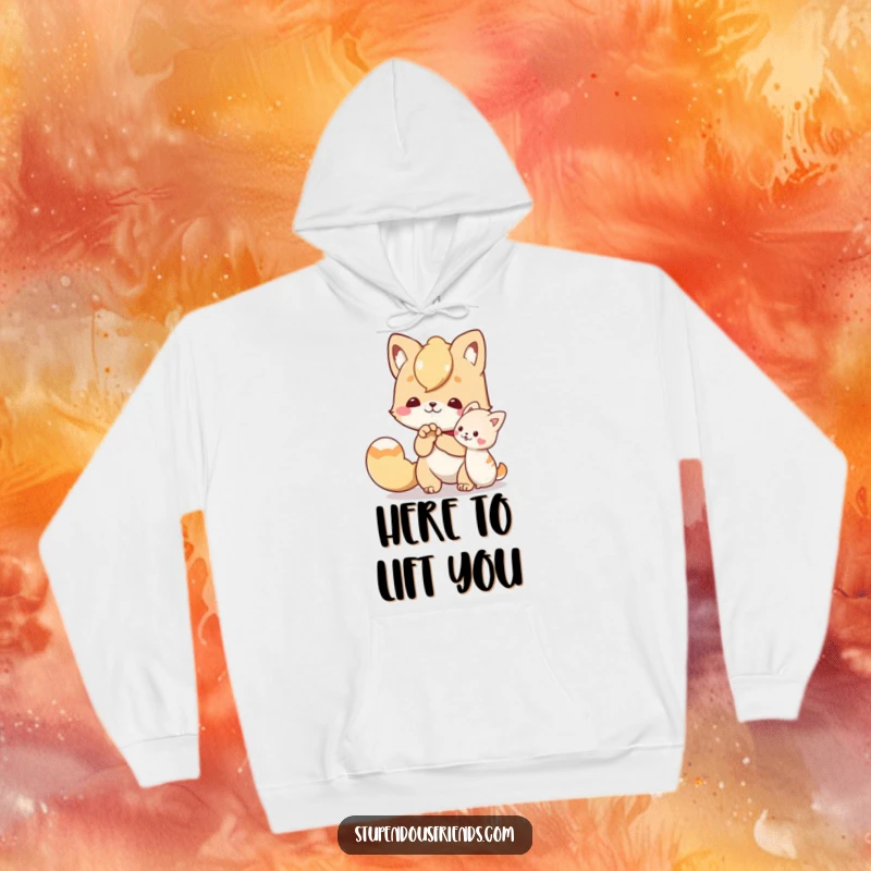 Funny hoodie with a character offering a helping paw to a friend, providing cozy comfort and humorous, supportive vibes.