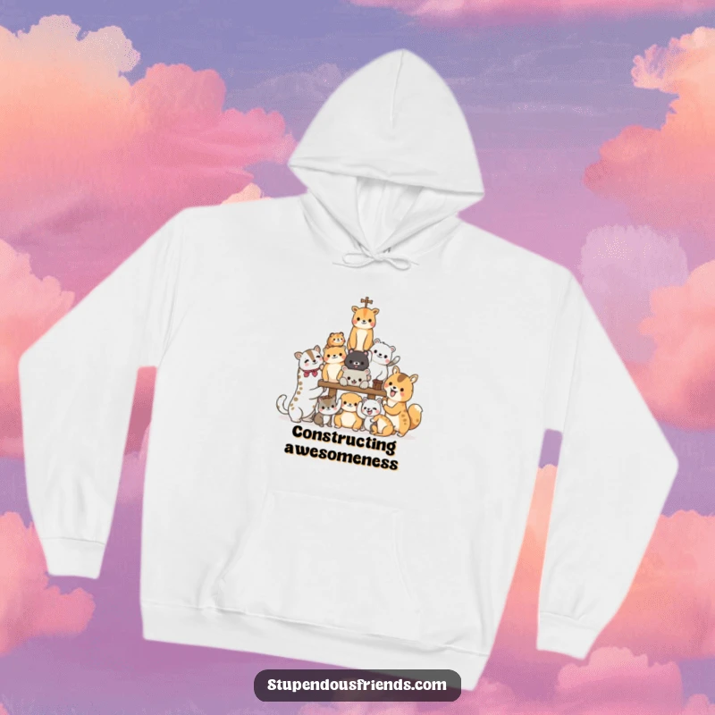Funny Hoodie featuring animal characters joyfully building a structure, symbolizing teamwork and shared effort in a humorous and cozy design.
