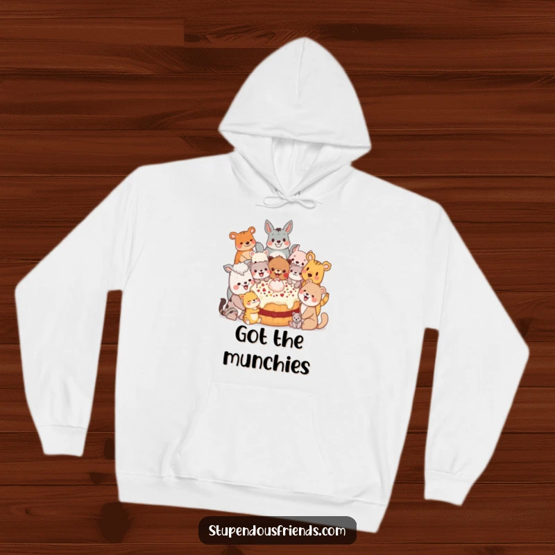 Funny Hoodie: A group of happy animal characters enjoying a shared giant treat, symbolizing companionship and delight.