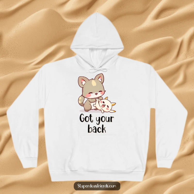 Funny Hoodie: A whimsical animal character offering support to another who has taken a playful tumble, emphasizing care.