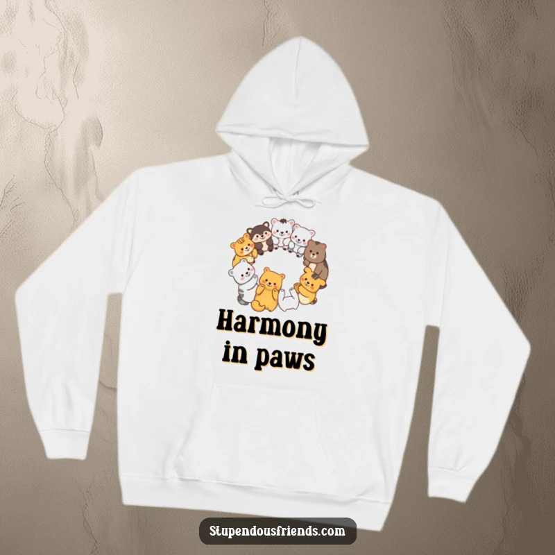 Funny hoodie showing a diverse group of happy animal characters forming a circle, holding paws, symbolizing togetherness.