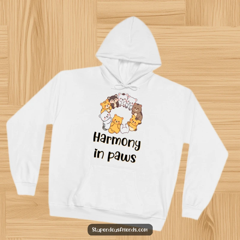 Funny hoodie showing a diverse group of happy animal characters forming a circle, holding paws, symbolizing togetherness.