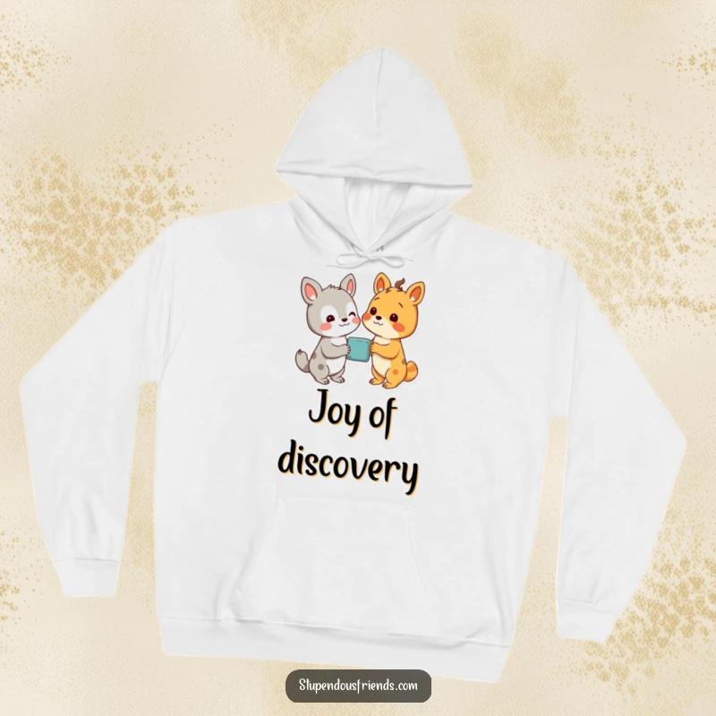 Funny hoodie showing two happy animal characters looking with delight at a shared, wondrous discovery, symbolizing curiosity.