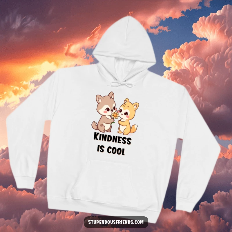 Funny Hoodie: A gentle animal character presents a flower with a warm smile, symbolizing love and thoughtful generosity.