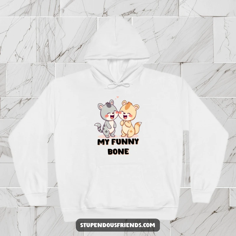 Funny hoodie depicting two happy animal characters sharing a contagious giggle.