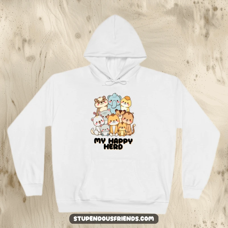 Funny hoodie with a gathering of diverse, smiling animal characters in a warm huddle, symbolizing togetherness and comfort.