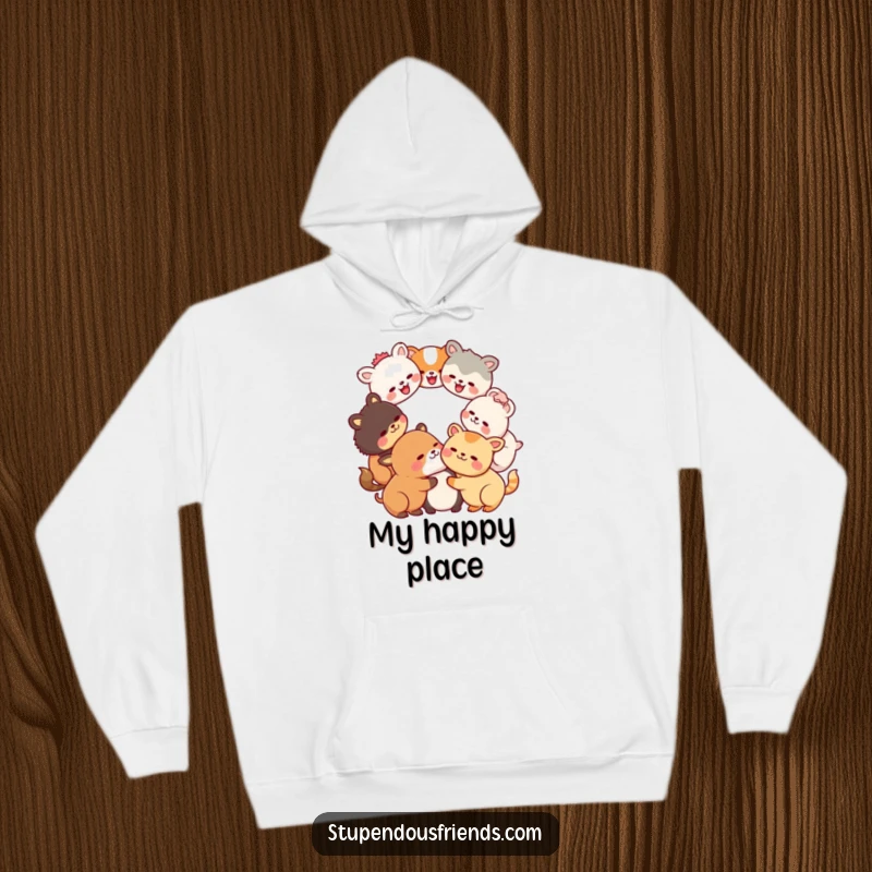 Funny Kawaii animals in a laughing circle on a soft hoodie, a humorous and warm design perfect for gifting, spreading happiness.