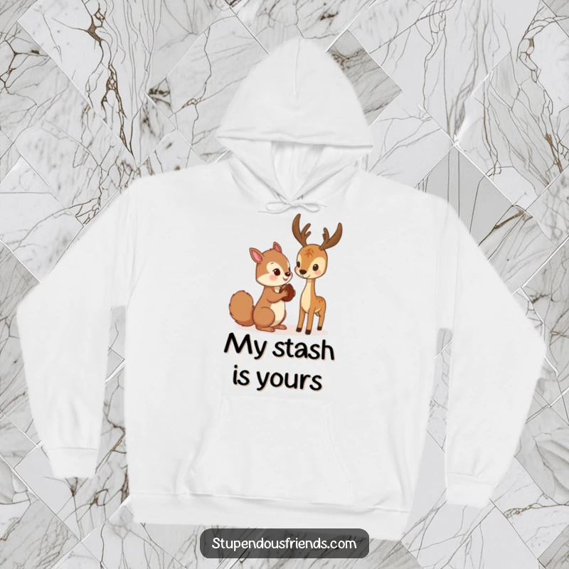 Funny Hoodie depicting a squirrel sharing a nut with a deer, a heartwarming and humorous forest friendship scene.