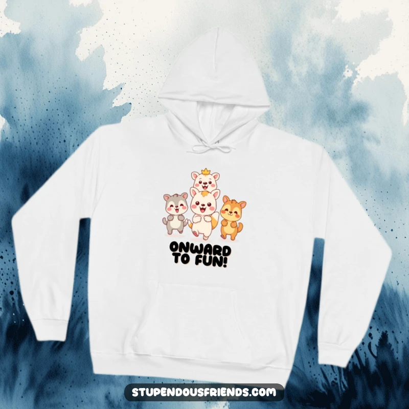Funny Kawaii animal leading friends on an adventure on a soft hoodie, a humorous and warm design perfect for gifting.