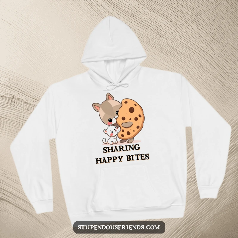 Funny Hoodie featuring a generous animal character sharing a massive cookie with a delighted smaller friend, symbolizing friendship and sharing.