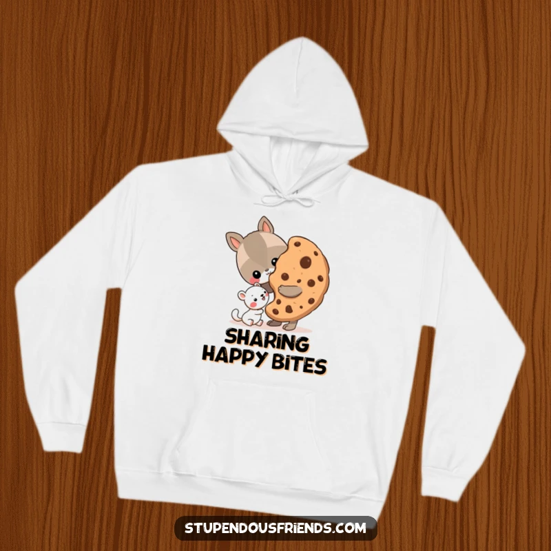 Funny Hoodie featuring a generous animal character sharing a massive cookie with a delighted smaller friend, symbolizing friendship and sharing.