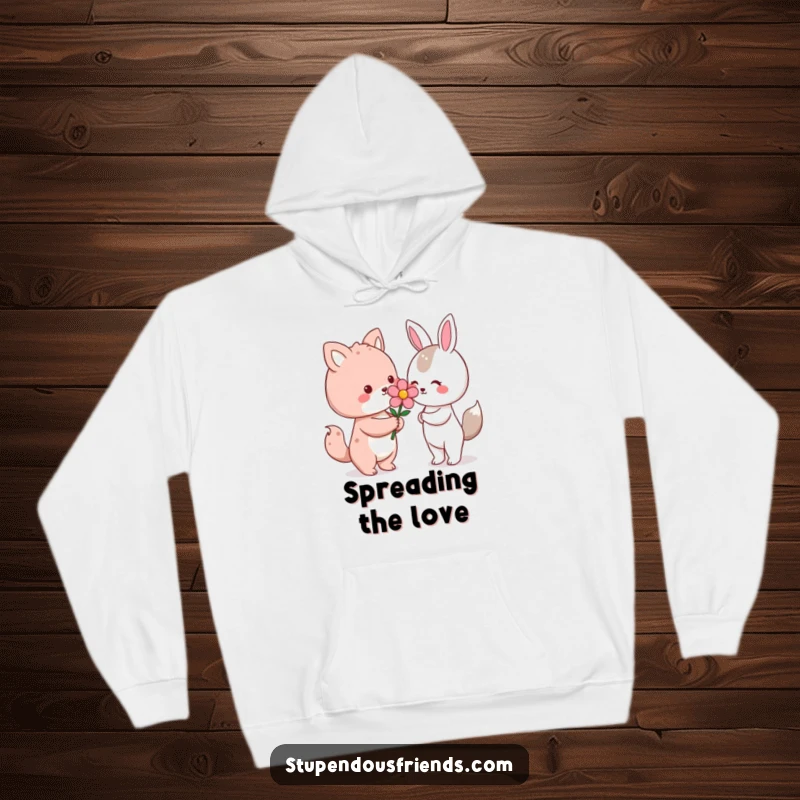 Funny Kawaii animal character giving a flower on a soft hoodie, a humorous and heartwarming gift for loved ones, spreading joy.