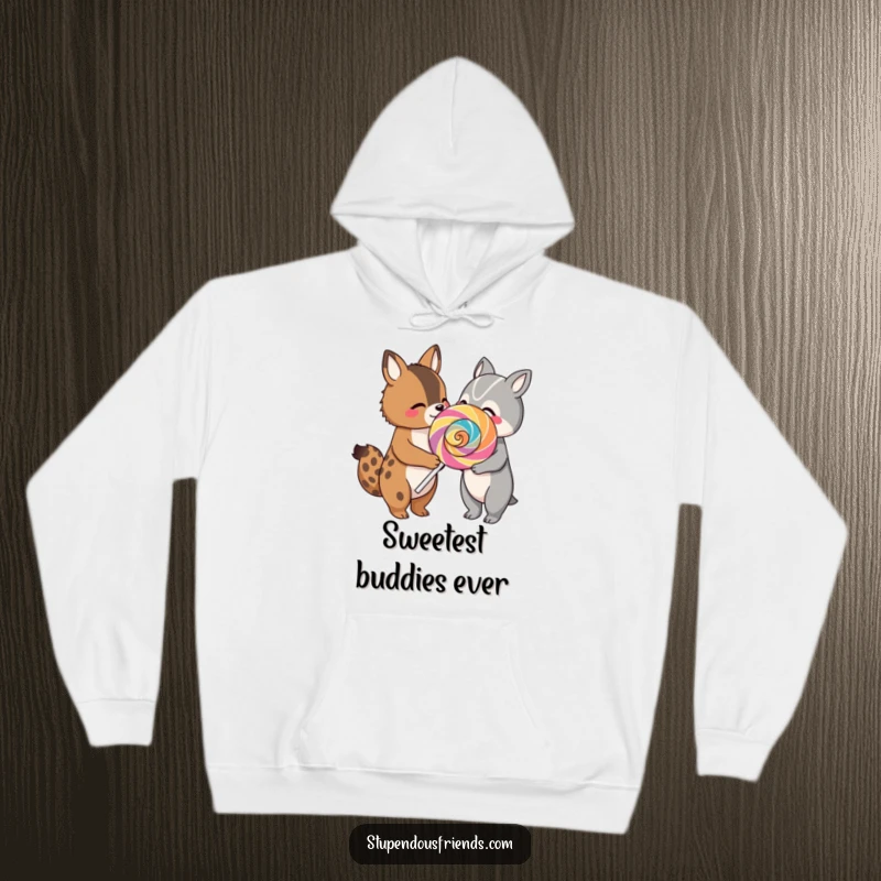 Funny hoodie with two endearing animal characters sharing an enormous, multi-colored lollipop, perfect for cozying up with friends.