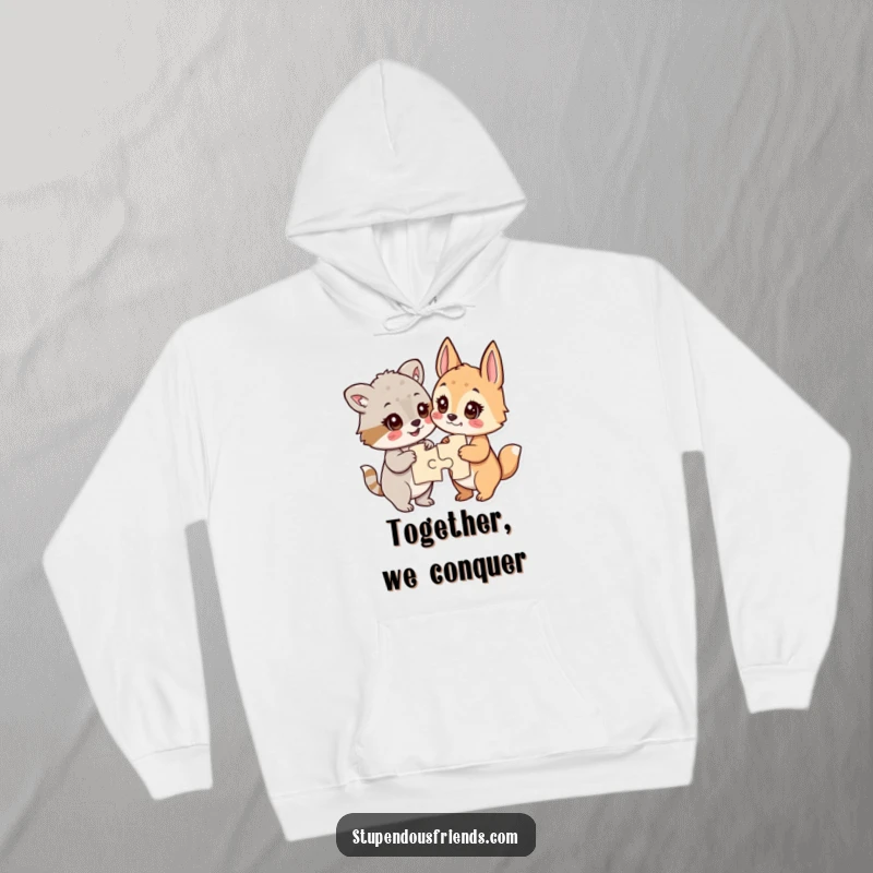 Funny hoodie showcasing animals with triumphant expressions after finishing a complex jigsaw puzzle together.
