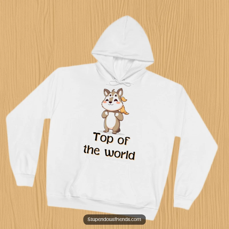 Funny hoodie featuring a proud animal character lifting a smaller friend onto its shoulders, showcasing strength and care.