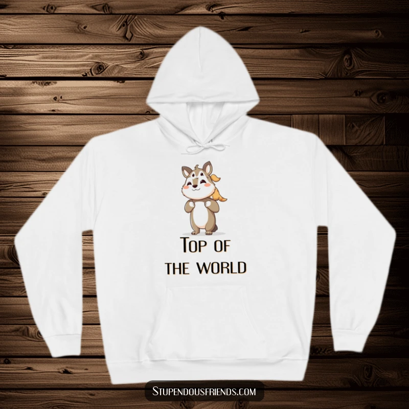 Funny hoodie featuring a proud animal character lifting a smaller friend onto its shoulders, showcasing strength and care.