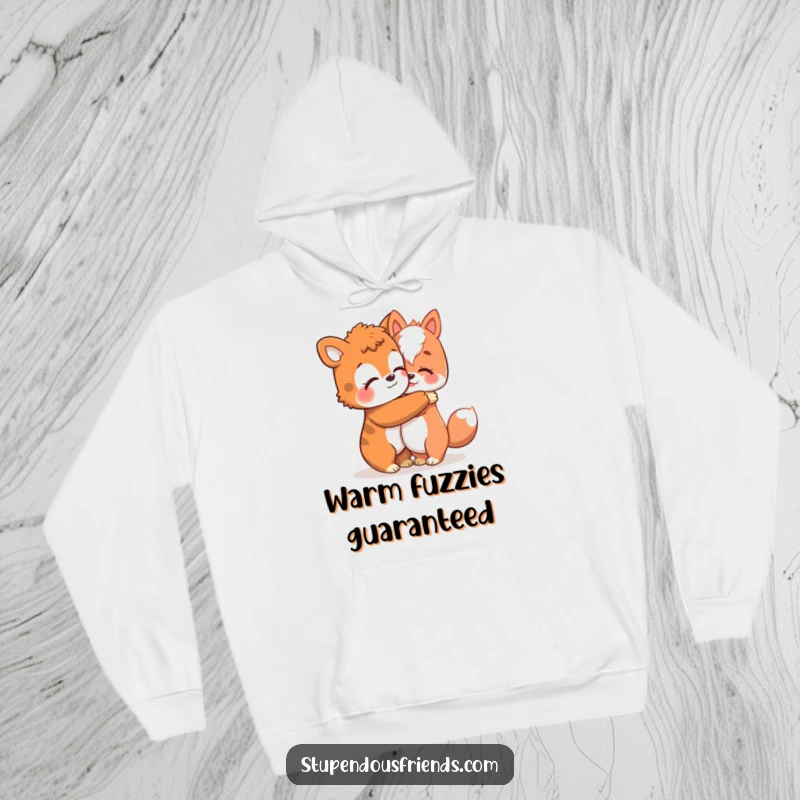 Funny hoodie showing one animal character giving a heartfelt, comforting hug to another, symbolizing friendship and care.