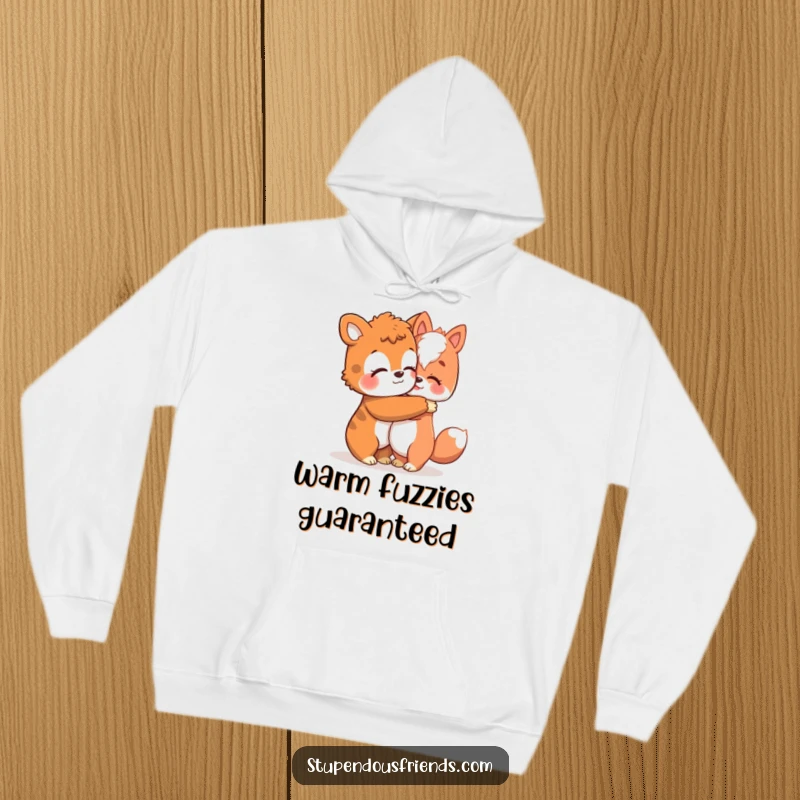 Funny hoodie showing one animal character giving a heartfelt, comforting hug to another, symbolizing friendship and care.