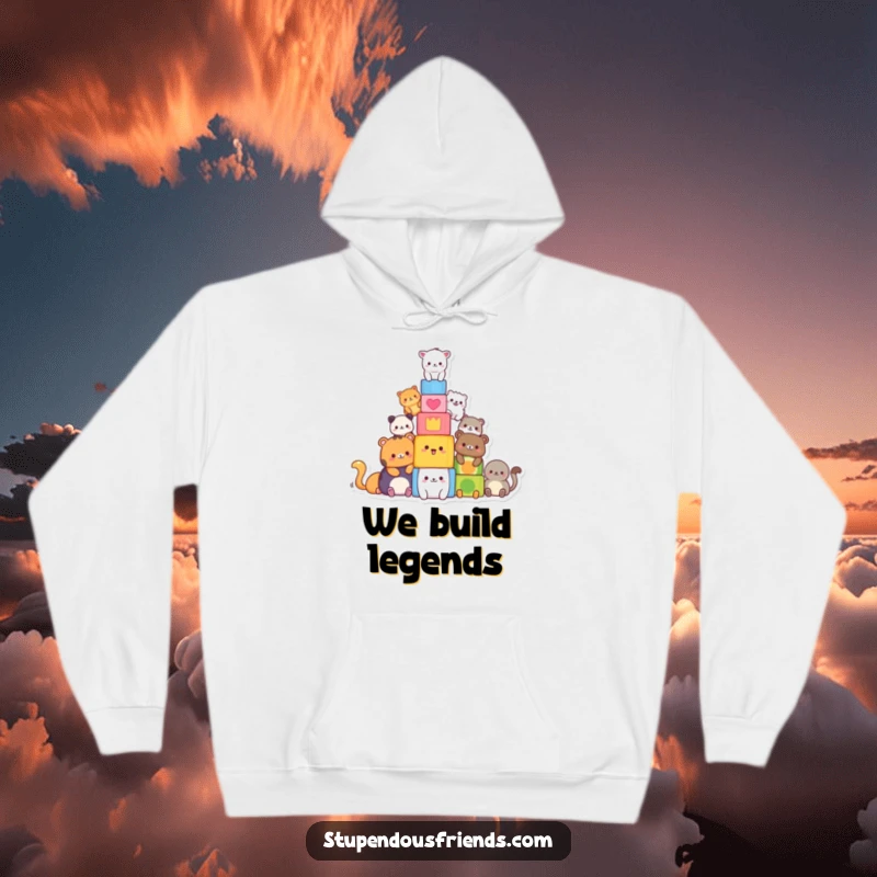 Funny hoodie with adorable animals constructing a vibrant block tower, symbolizing collaborative fun. A great funny gift.