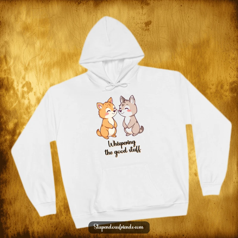 Funny hoodie showcasing a charming illustration of animals huddled together, sharing secrets with mischievous grins.