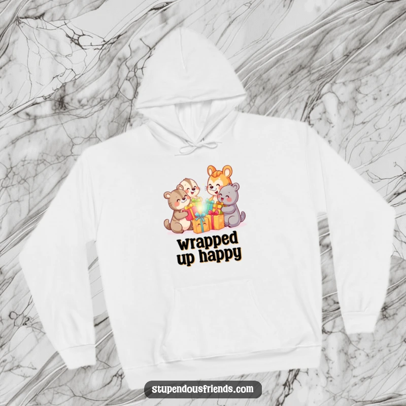 Funny hoodie depicting happy animal characters exchanging brightly colored gifts, smiling broadly in a festive, heartwarming scene.