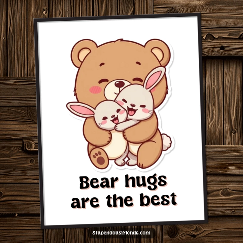 Funny Free Printable Wall Art, a bear character giving a big, cheerful hug to a rabbit, creating a cozy and friendly scene.