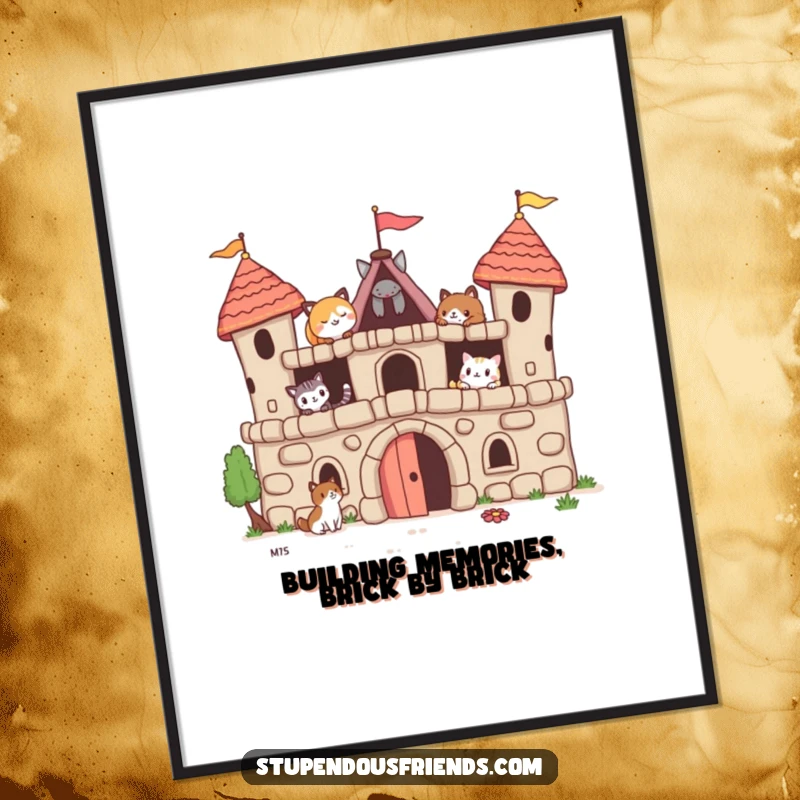 Funny Free Printable Wall Art: A group of happy animal friends constructing a delightful and imaginative fort, showcasing teamwork and fun.