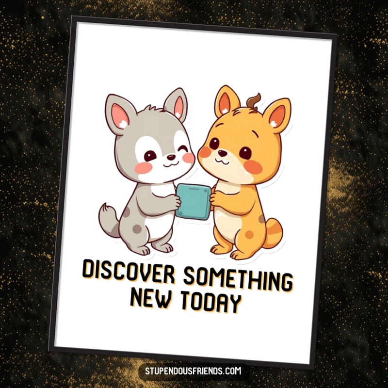 Funny Free Printable Wall Art showing two animal characters looking at a wondrous discovery.