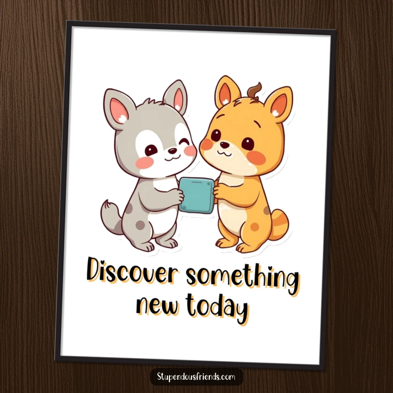 Funny Free Printable Wall Art showing two animal characters looking at a wondrous discovery.