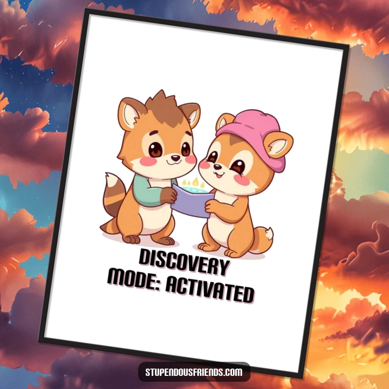 Funny Free Printable Wall Art depicting two adorable animals gazing at a wondrous shared discovery with utter delight.