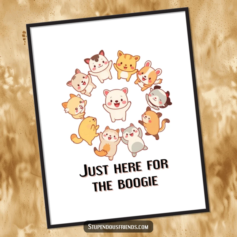 Funny Free Printable Wall Art: A lively group of cartoon animals dancing in a circle, radiating pure joy and positive energy.
