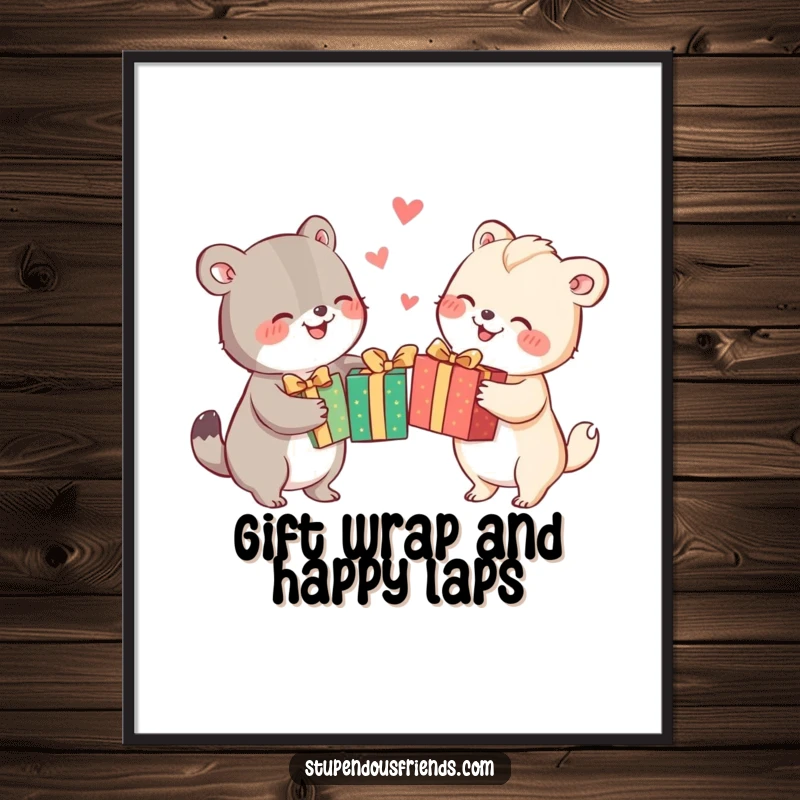 Funny Free Printable Wall Art: Whimsical illustration of animals joyfully exchanging beautifully wrapped gifts.