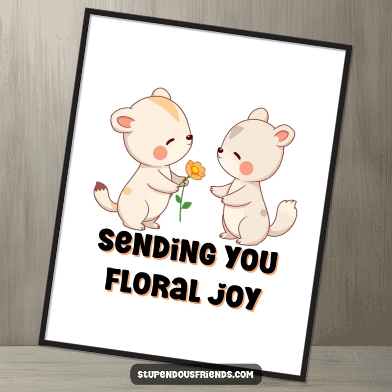 Free Printable Wall Art showing a sweet animal offering a delicate flower to another with a gentle nod, evoking kindness.