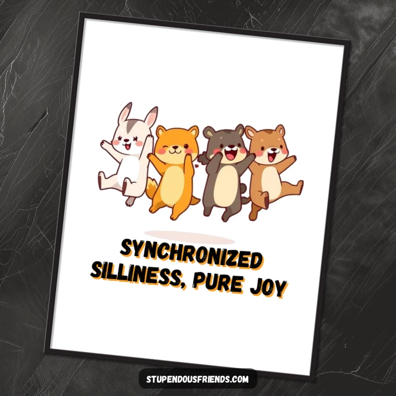 Funny Free Printable Wall Art: Artistic depiction of multiple animals executing a perfect, synchronized leap with great energy.