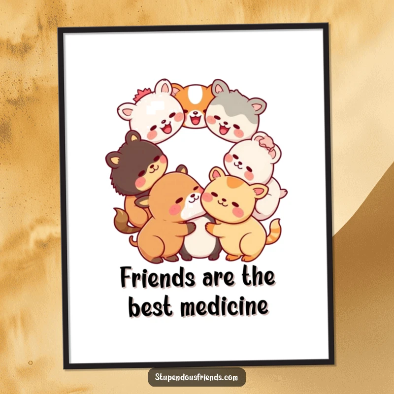 Funny Free Printable Wall Art: A group of cute Kawaii animals gathered in a circle, heads bowed in synchronized, delightful laughter.