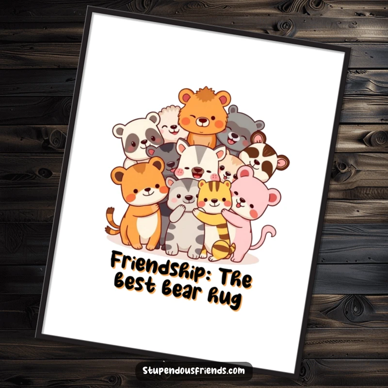 Funny Free Printable Wall Art: Diverse animal friends in a giant, comical hug, perfect for downloadable, humor-filled room decor.