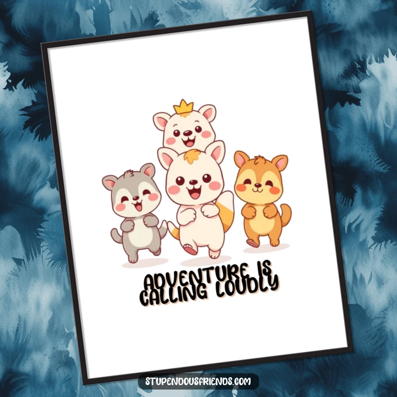 Funny Free Printable Wall Art: A dynamic Kawaii character points forward energetically, leading a group of friends on a thrilling adventure.