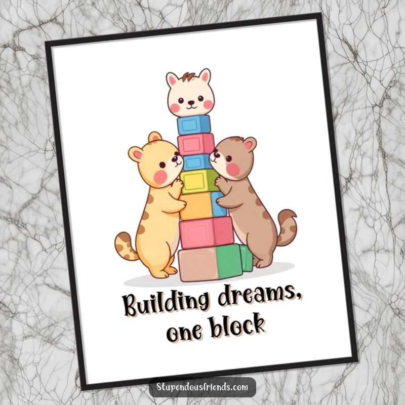 Funny Free Printable Wall Art: Animals hilariously constructing a colorful block tower, perfect for downloadable, playful room decor.