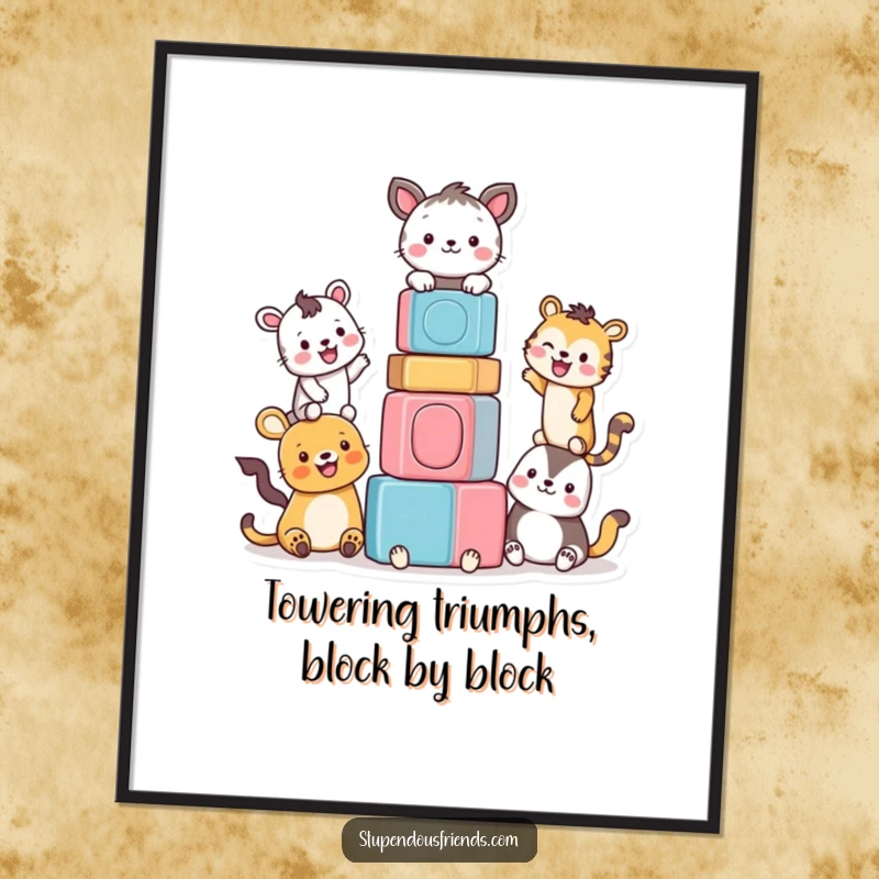 Funny Free Printable Wall Art depicting happy animals collaborating to build a sky-high tower of colorful blocks.