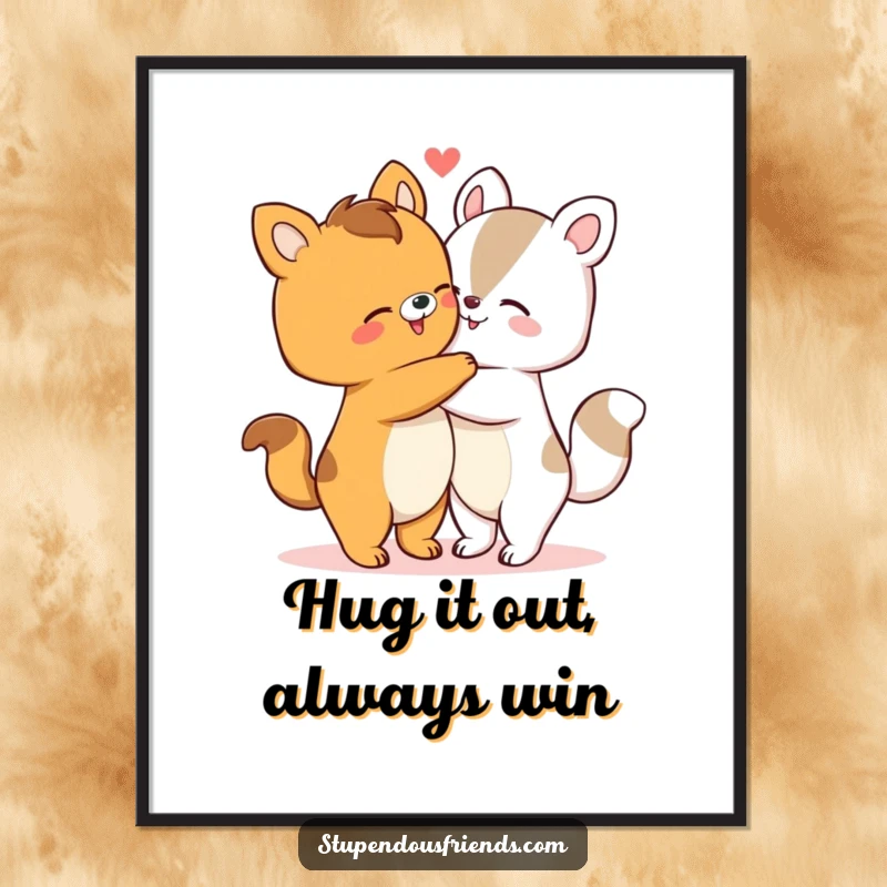 Funny Free Printable Wall Art, an illustration of two cheerful animal characters in a big, loving hug, conveying affection.