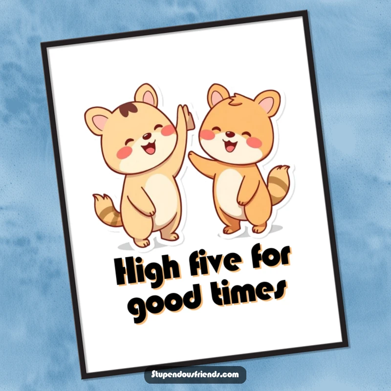 Funny Free Printable Wall Art depicting two simplified animal characters enthusiastically high-fiving, radiating pure joy and positive connection.