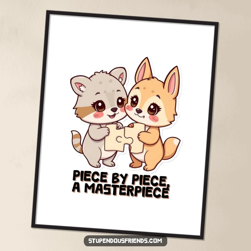 Funny Free Printable Wall Art depicting animals joyfully looking at a completed puzzle, eyes shining with accomplishment.