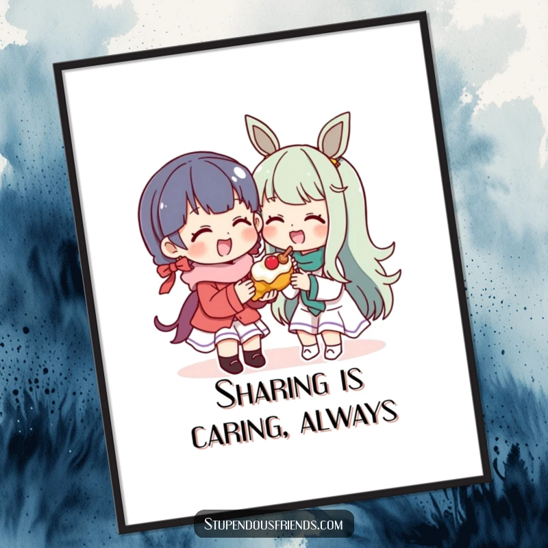 Funny Free Printable Wall Art: Character sharing a delicious treat with a happy friend, perfect for downloadable, charming decor.