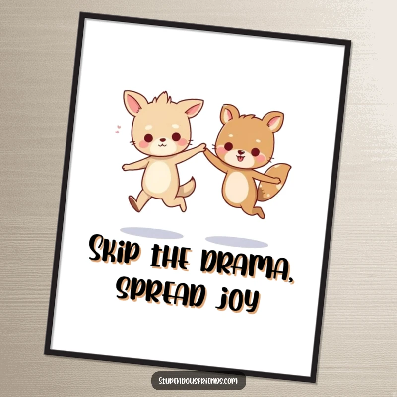 Funny Free Printable Wall Art: Two whimsical animals gleefully skipping hand-in-hand, radiating pure joy and lightheartedness.