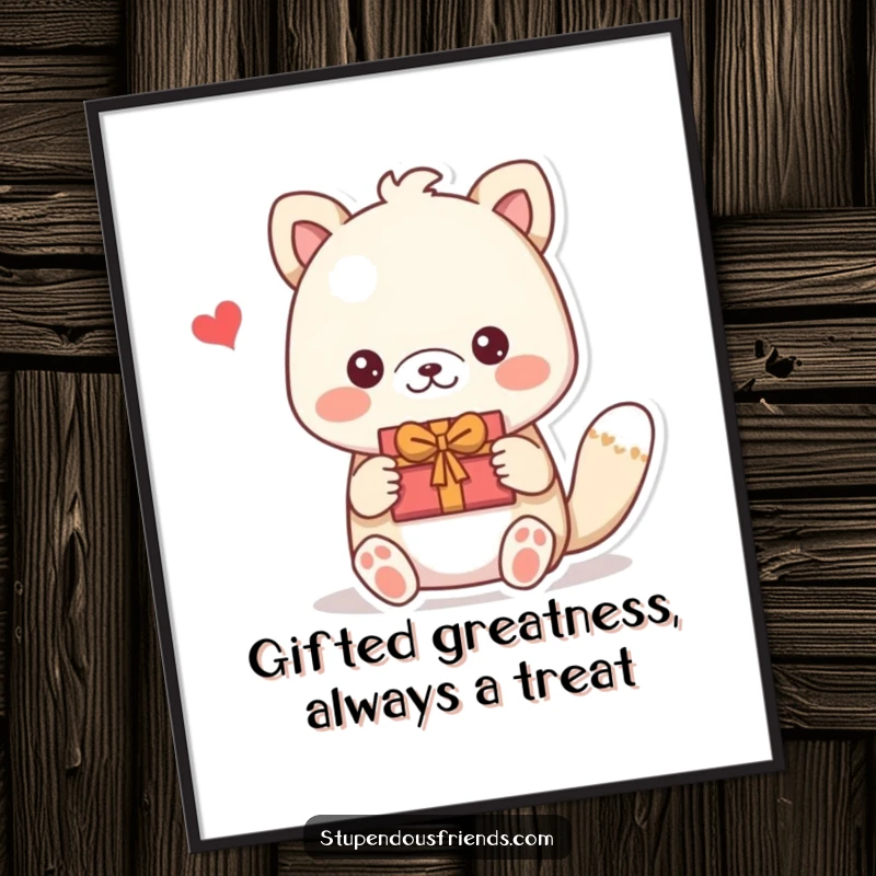 Funny Free Printable Wall Art, an illustration of an animal character happily giving a handmade gift to a friend, symbolizing generosity.