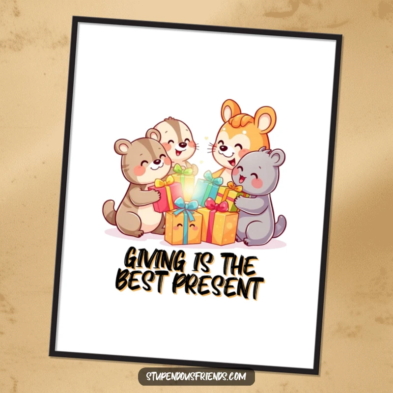 Funny Free Printable Wall Art of happy animals exchanging bright, colorful gifts with big smiles, celebrating friendship and generosity.
