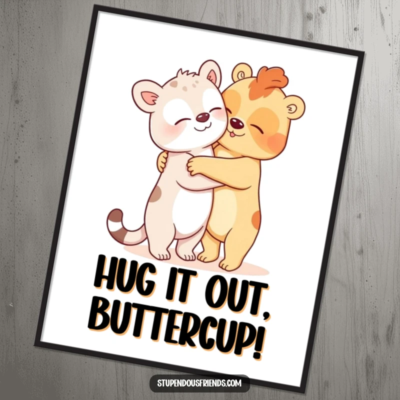 Funny Free Printable Wall Art: Two cute animals in an exaggerated, comically large hug, bringing warmth and smiles.